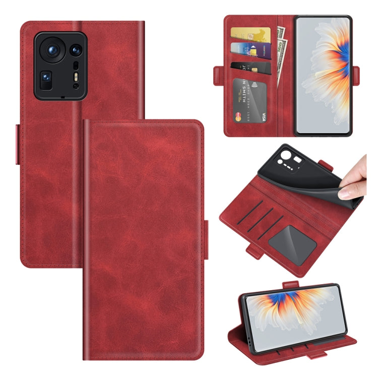 Red dual-side magnetic flip leather phone wallet case with card slots and holder
