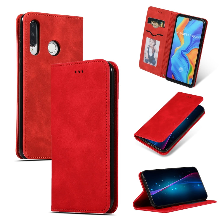 Red leather wallet flip phone case with front cover, card holder, and camera cutout