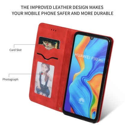 Red leather flip phone case showing card slots and inner cover with phone screen window