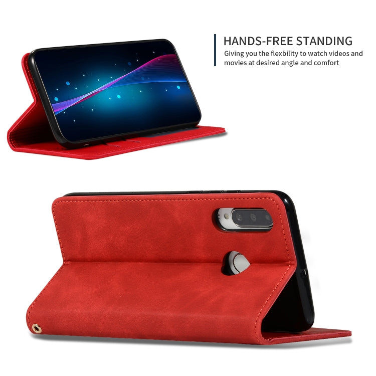 Red leather folio flip phone case with kickstand support and cutout for rear camera
