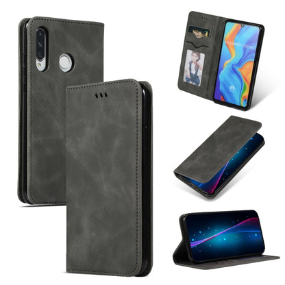 Dark gray leather flip phone case with card slot and camera cutout