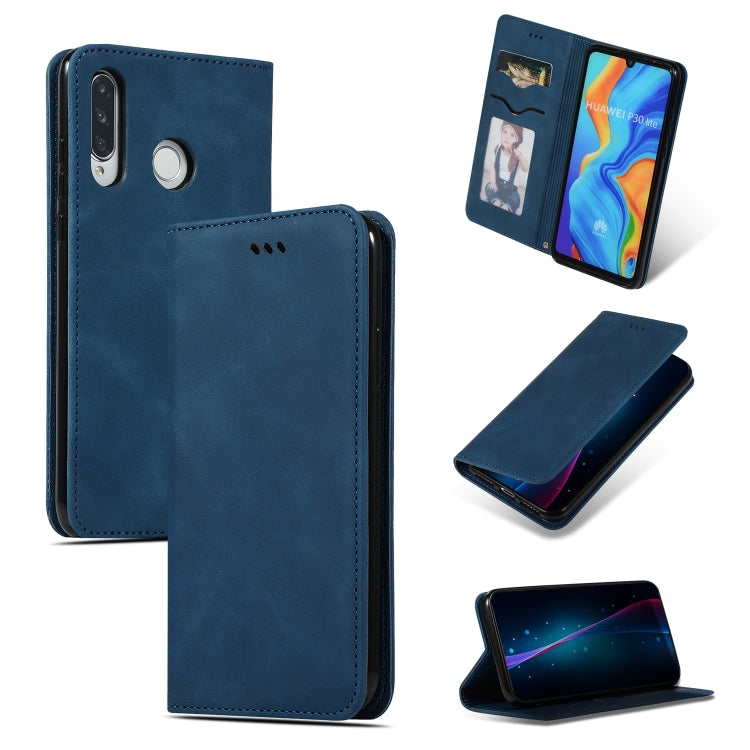 Navy blue leather flip phone case with card slot, front cover, and rear camera opening