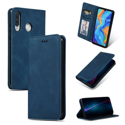 Navy blue leather flip phone case with card slot, front cover, and rear camera opening