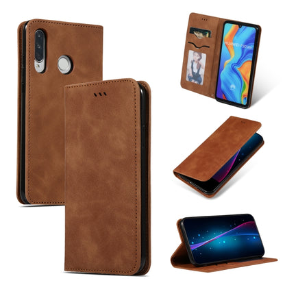 Brown leather flip phone case with magnetic closure and camera cutout