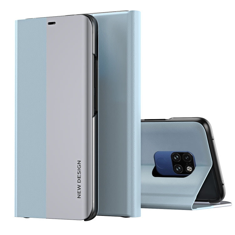 Ultra-thin flip leather phone case with holder, light blue, partially open