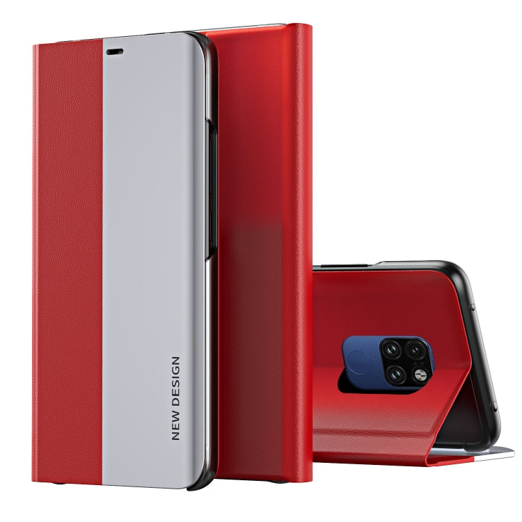 Ultra-thin flip leather phone case with holder, red, partially open