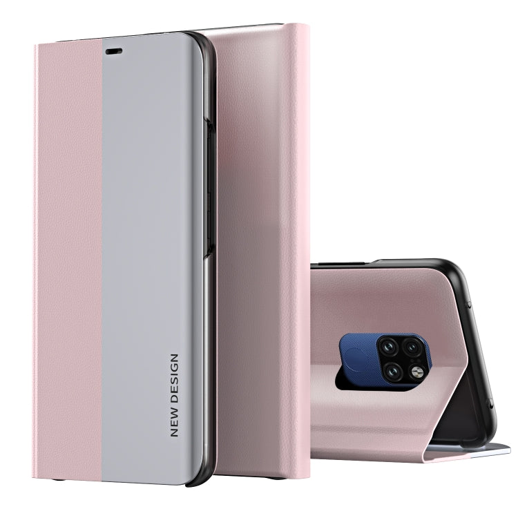 Ultra-thin flip leather phone case with holder, pink, partially open