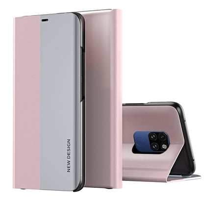 Ultra-thin flip leather phone case with holder, pink, partially open