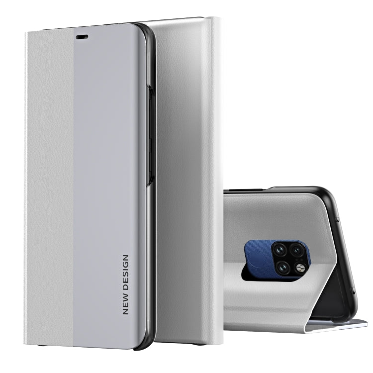 Ultra-thin flip leather phone case with holder, silver, partially open