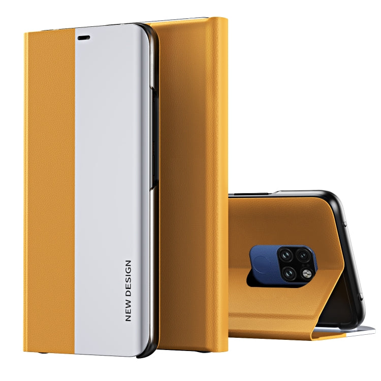 Ultra-thin flip leather phone case with holder, yellow, partially open