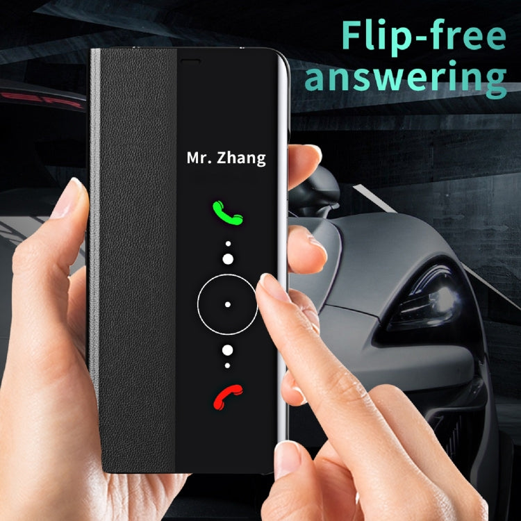 Ultra-thin leather flip phone case with holder, black, front cover with button-style panel
