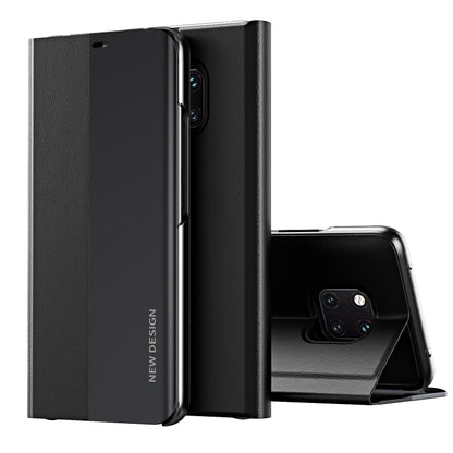 Ultra-thin flip leather phone case with holder, black, front cover folded