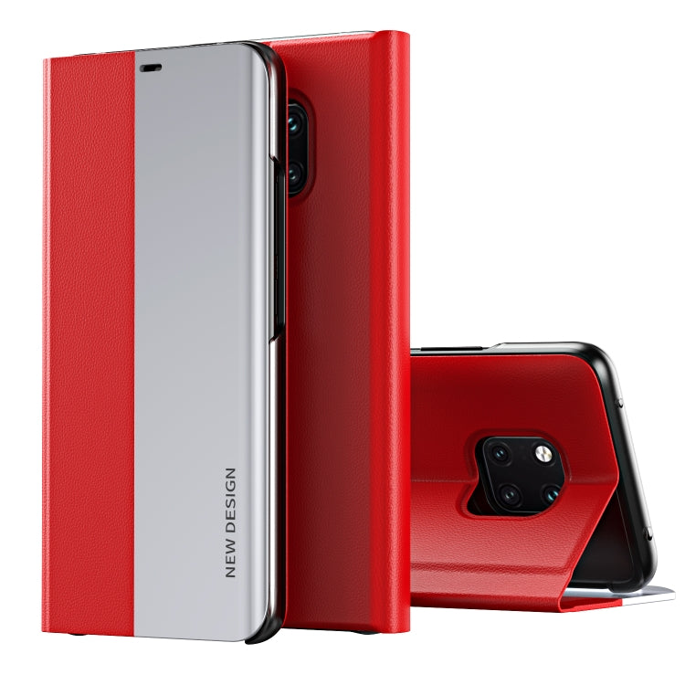 Two-tone flip leather phone case with holder, red and gray