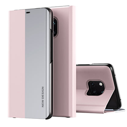 Two-tone flip leather phone case with holder, pink and gray