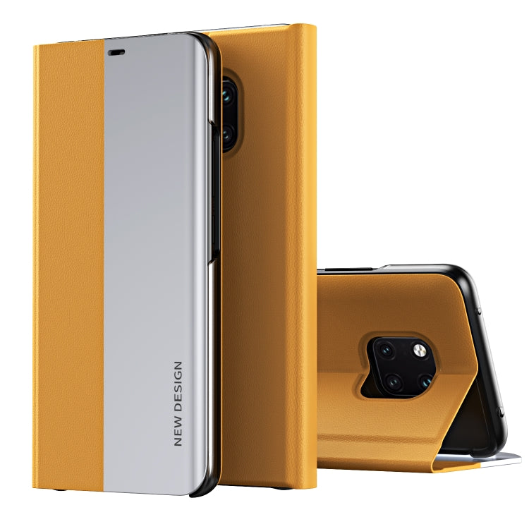 Two-tone flip leather phone case with holder, yellow and gray