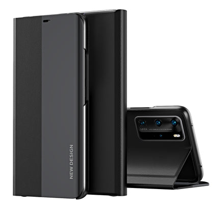 Two-tone flip leather phone case with holder, black and dark gray