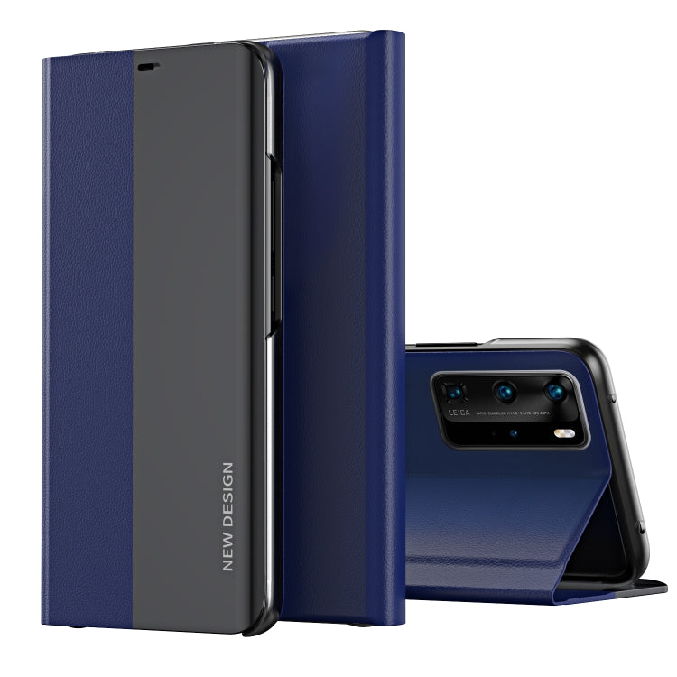 Two-tone flip leather phone case with holder, dark blue and gray