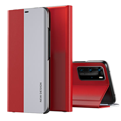 Two-tone flip leather phone case with holder, red and light gray