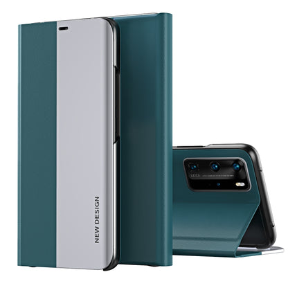 Ultra-thin flip leather phone case with holder, teal and light gray