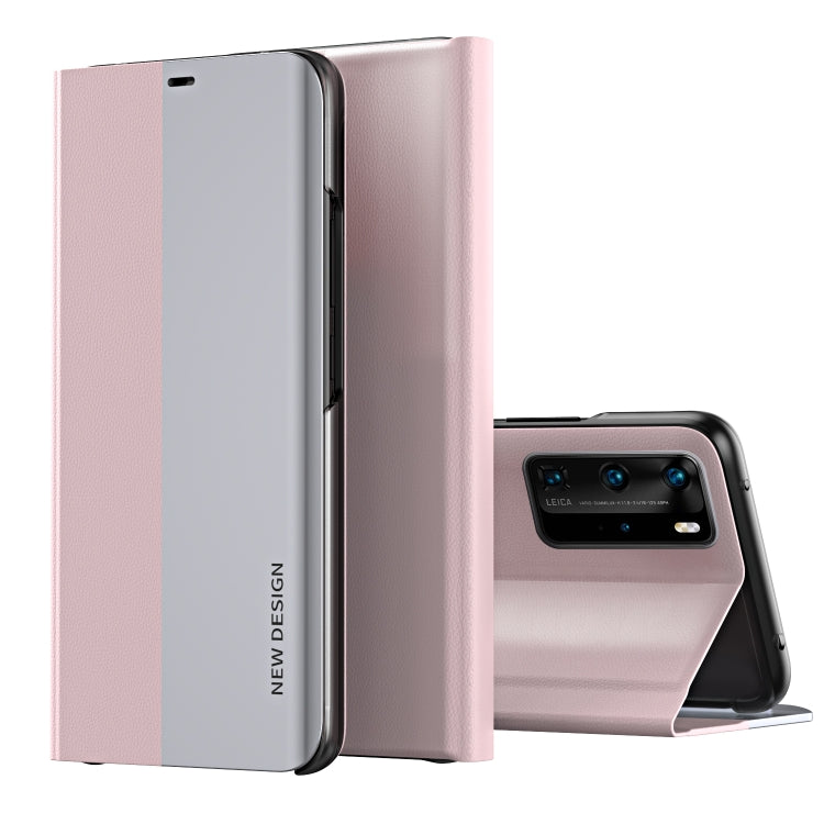 Ultra-thin flip leather phone case with holder, pink and light gray