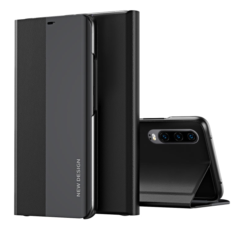 Ultra-thin flip leather phone case with holder, black