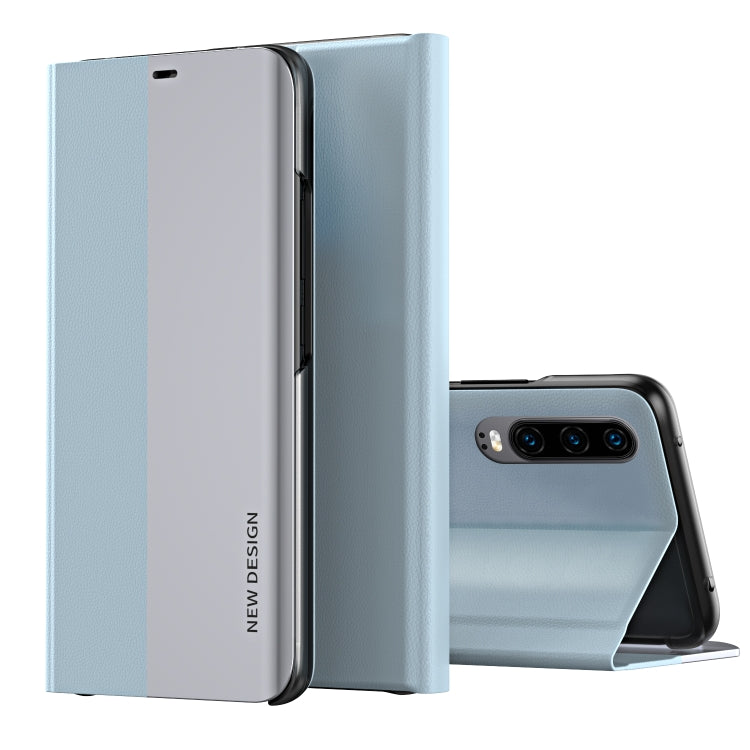 Ultra-thin flip leather phone case with holder, light blue and light gray