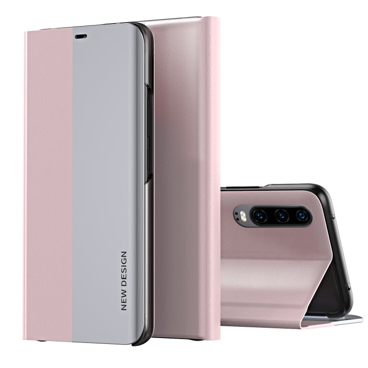 Ultra-thin flip leather phone case with holder, rose pink and light gray