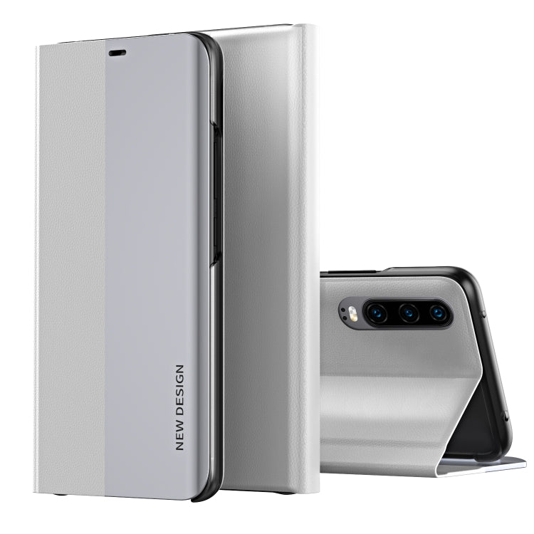 Ultra-thin leather flip phone case with holder, silver gray, open view