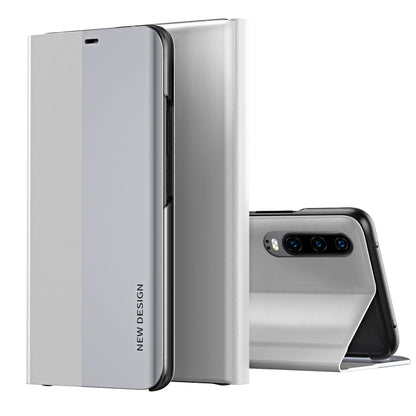 Ultra-thin leather flip phone case with holder, silver gray, open view