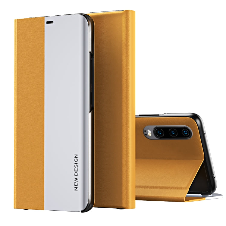 Ultra-thin leather flip phone case with holder, gold, open view