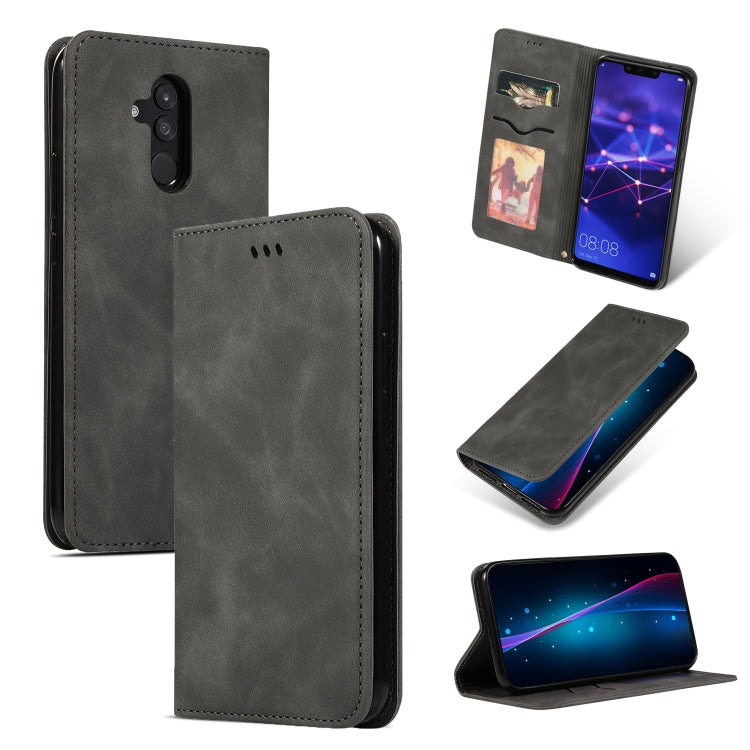Dark gray magnetic flip leather wallet case with card pocket and cutouts for phone