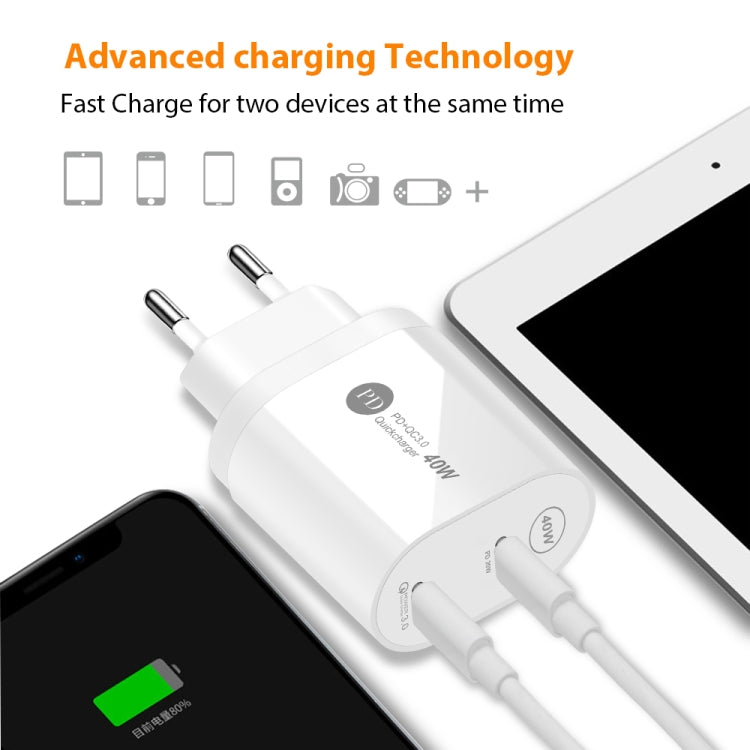 40W Dual Port PD / Type-C Fast Charger with Type-C to Type-C Data Cable, UK Plug, UK Plug + Type-C to Type-C Cable