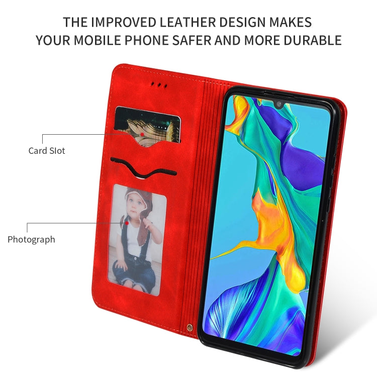 Red leather flip wallet case with card slots and photo pocket, magnetic phone cover
