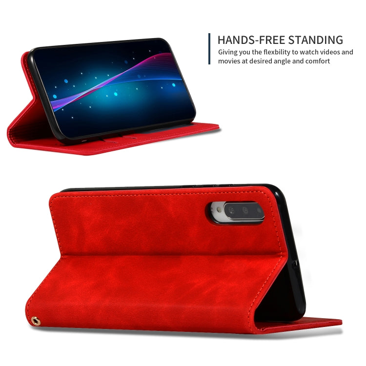 Red leather flip wallet case with foldout stand and magnetic closure