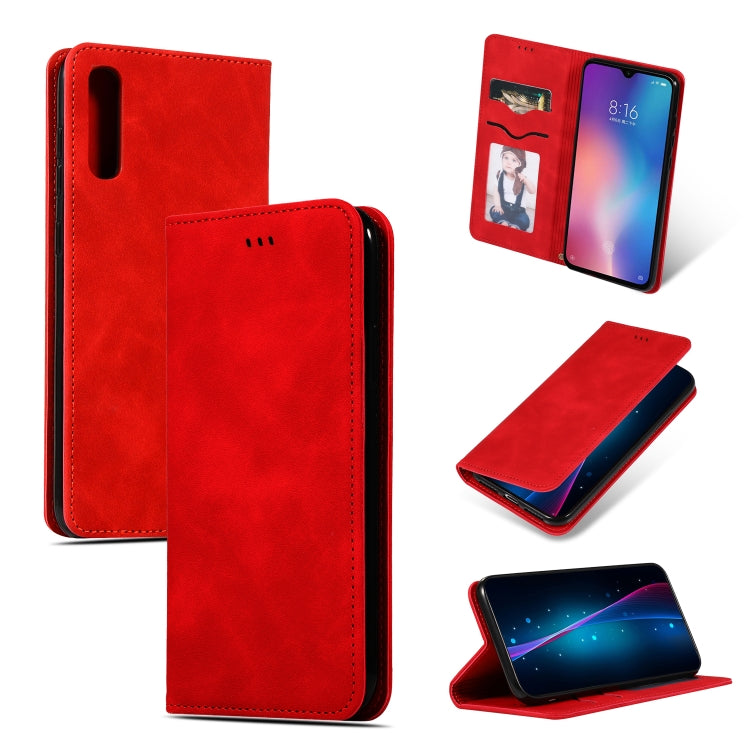 Red leather magnetic flip wallet case with card slot and stand for smartphone