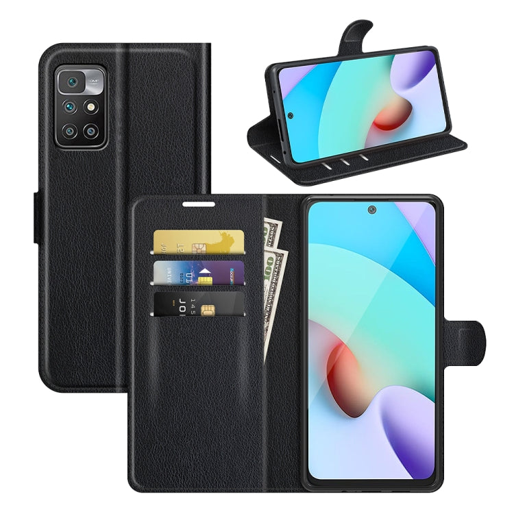 Flip wallet case for Xiaomi Redmi 10 in black, card slots and flip cover with stand.