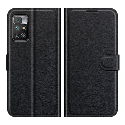 Flip wallet case for Xiaomi Redmi 10 in black, textured leather-look with card holder flap.