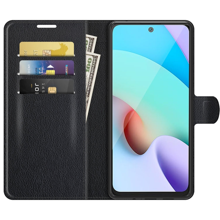 Flip wallet case for Xiaomi Redmi 10, black textured finish, card slots and open phone cover.