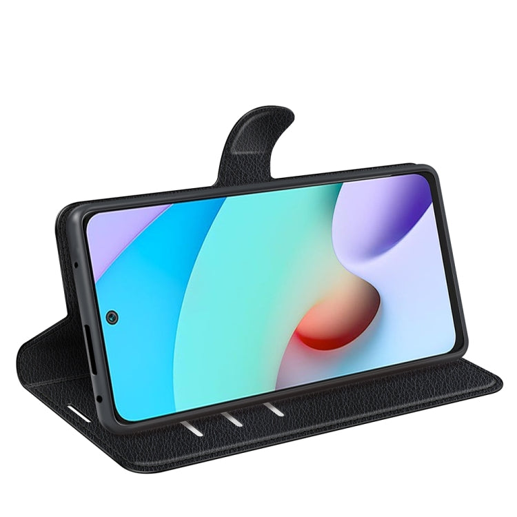 Flip wallet case for Xiaomi Redmi 10 in black, textured cover with kickstand for viewing.