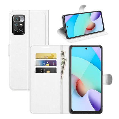 Flip wallet case for Xiaomi Redmi 10 in white, textured folio with card slots and holder.