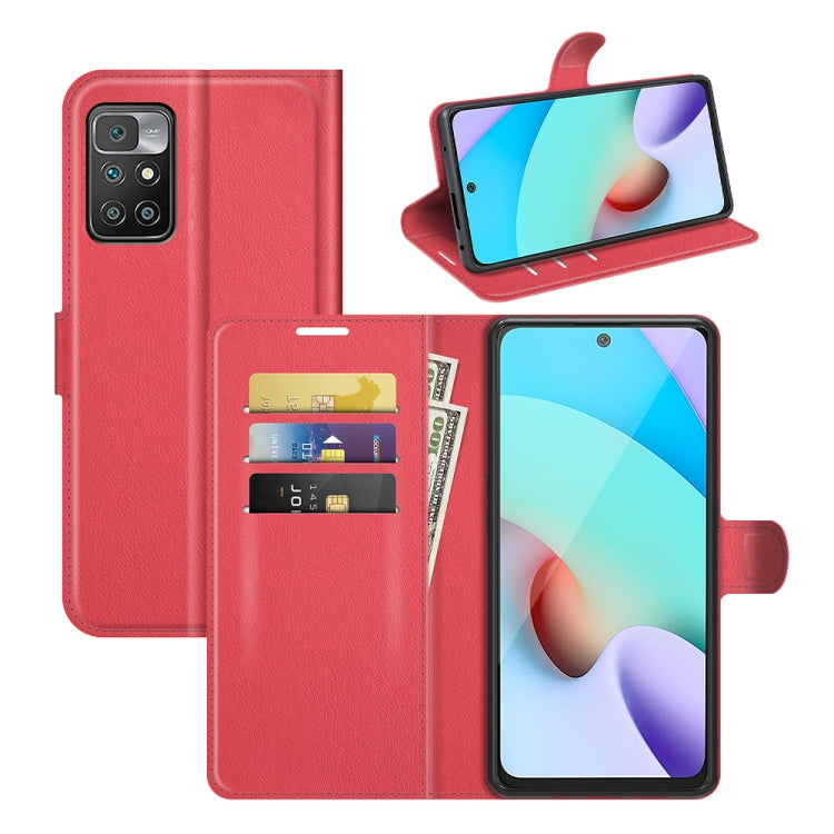 Flip wallet case for Xiaomi Redmi 10 in red, textured folio with card slots and flip cover.
