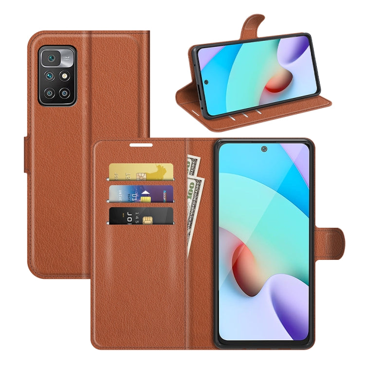 Flip wallet case for Xiaomi Redmi 10 in brown, textured folio with card slots and stand.