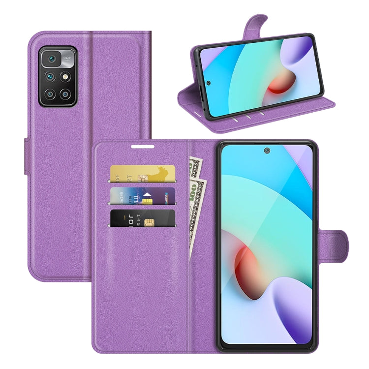 Flip wallet case for Xiaomi Redmi 10 in purple, textured folio with card slots and flip cover.