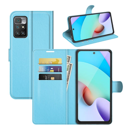 Light blue litchi-texture flip phone case with card slots and stand for Redmi 10