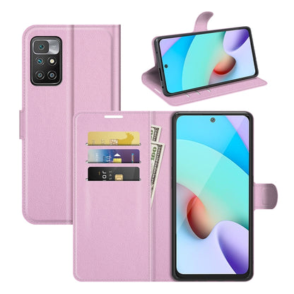 Pink-lavender litchi-texture flip phone case with card slots and stand for Redmi 10