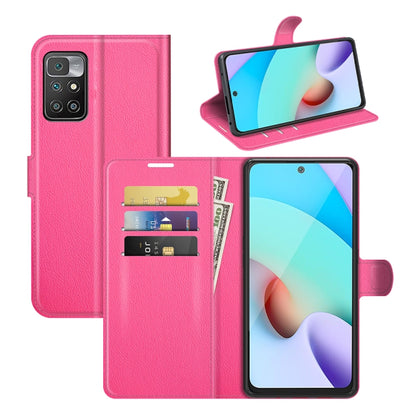 Pink litchi-texture flip phone case with card slots and stand for Redmi 10
