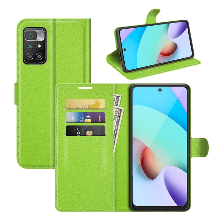Green litchi-texture flip phone case with card slots and stand for Redmi 10