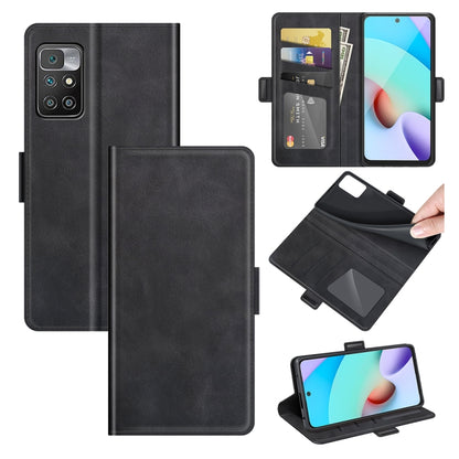 Black leather flip phone case with magnetic closure, card slots, and wallet holder