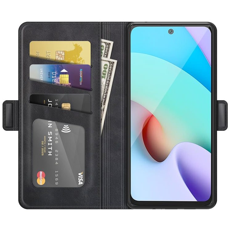Black leather flip phone case with front card slots and stand-style viewing