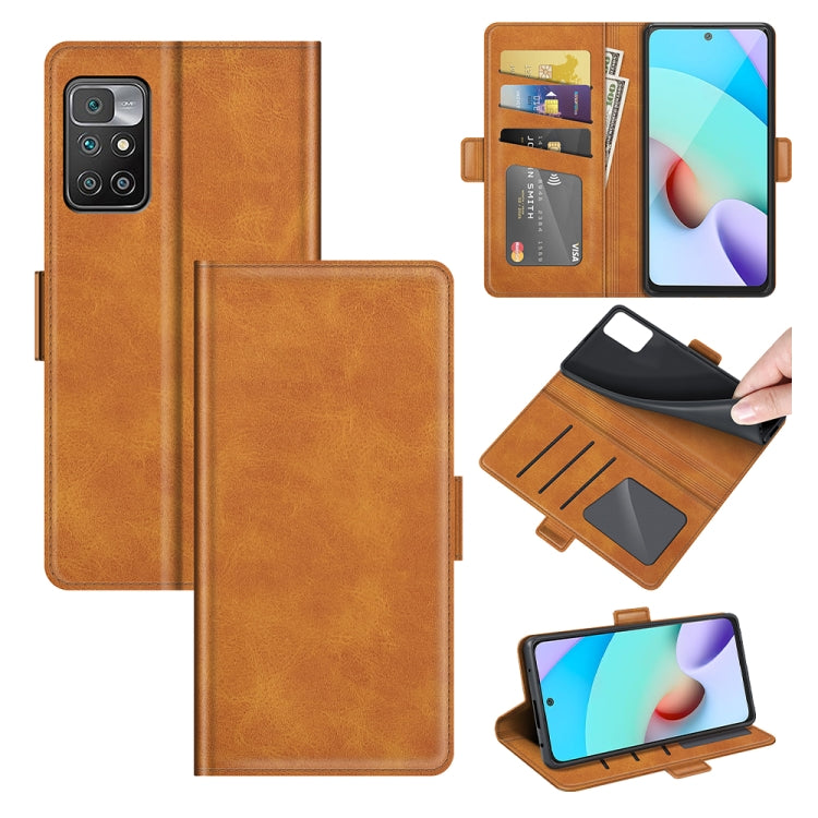 Brown leather flip phone case with magnetic closure, card slots, and wallet holder